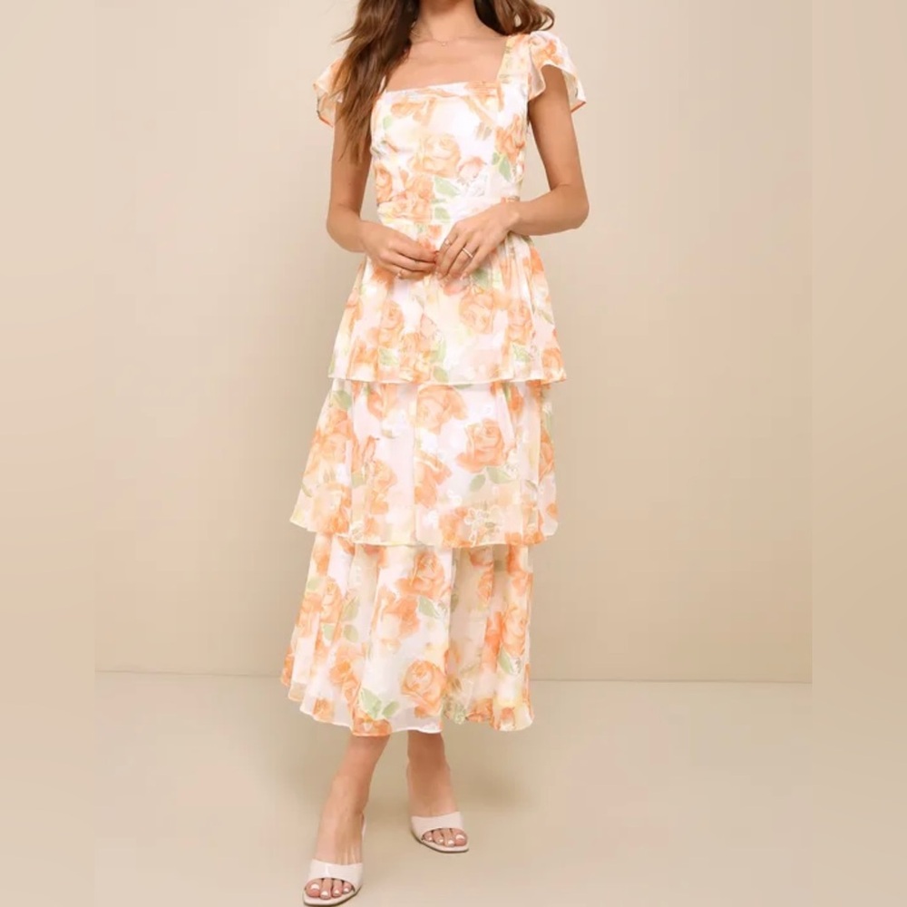 Lulus Beyond Beauty White and Orange Floral Burnout Tiered Midi Dress